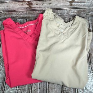 LOT OF 2 WONDERWINK W123 Womens L V-Neck Scrub Top Medical Nurse Pink Beige NWOT